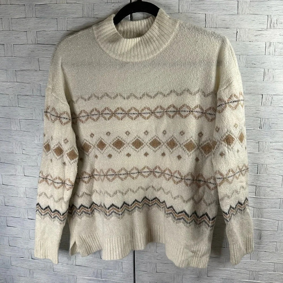 Talbots Fair Isle turtleneck sweater cream tan & gray soft, petite grandmacore - Picture 1 of 9